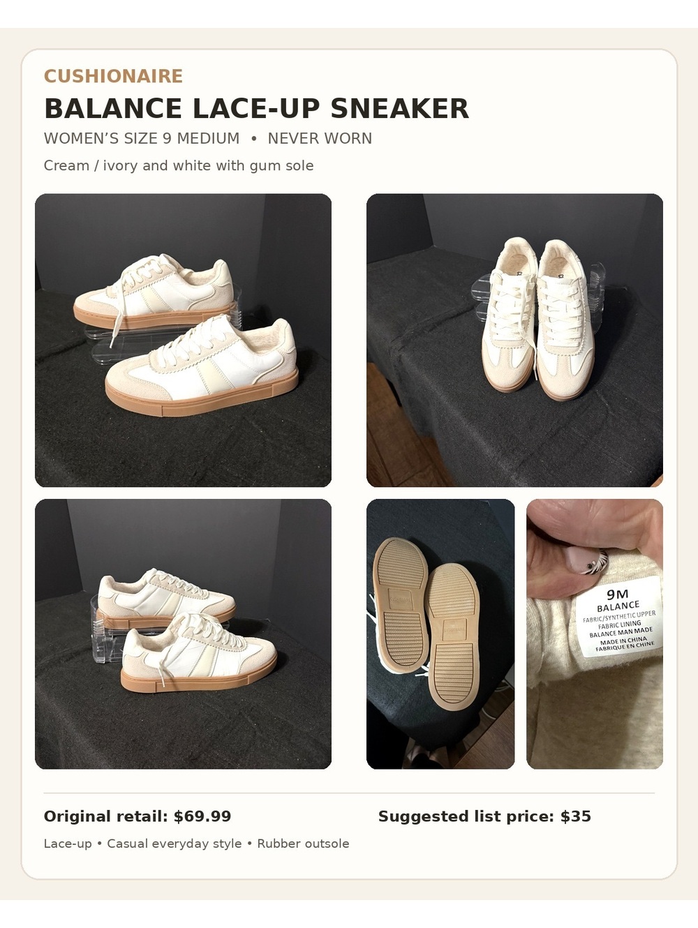 Cushionaire Balance Lace-Up Sneakers, Ivory/White, Women's Size 9